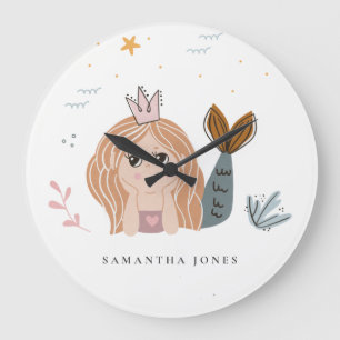 Cute Little Blush Sea Mermaid Watercolor Girl Large Clock