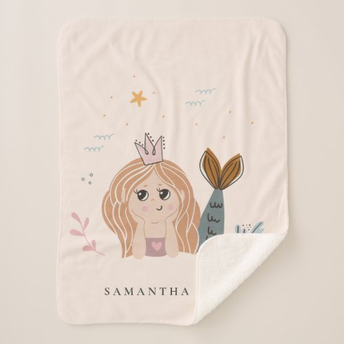 Cute Little Blush Sea Mermaid Watercolor Girl Sherpa Blanket