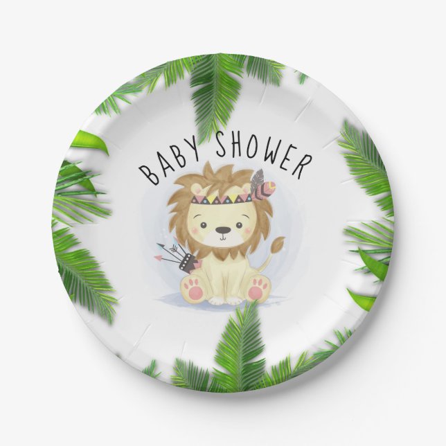 Cute Little Boho Lion Baby Boy Shower Paper Plates (Front)