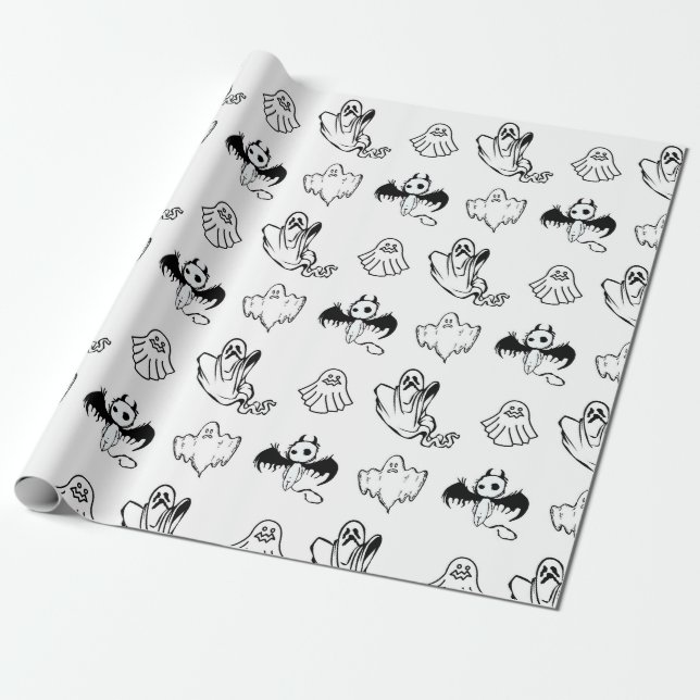 Cute Little Boo Ghost Bat Kids Halloween  Wrapping Paper (Unrolled)