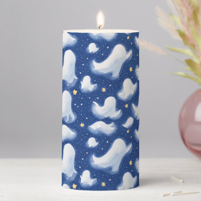 Cute Little Boo Ghost Blue White Halloween Party Pillar Candle (In Situ)