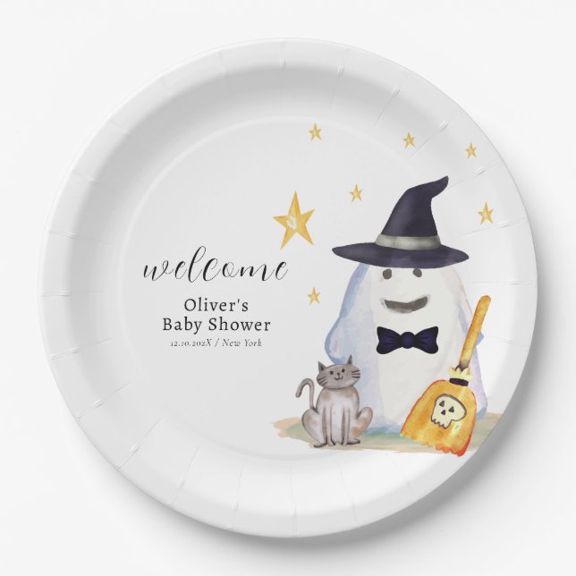 Cute Little Boo Ghost Boy Baby Shower Welcome Paper Plates (Front)