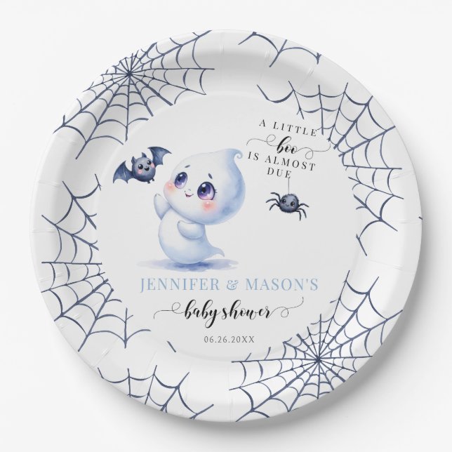 Cute Little Boo Ghost Halloween Baby Boy Shower Paper Plates (Front)