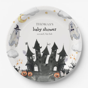 Cute Little Boo Ghost House Baby Shower Paper Plates
