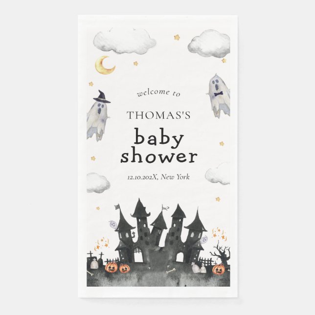 Cute Little Boo Ghost House Baby Shower Welcome Paper Guest Towels (Front)