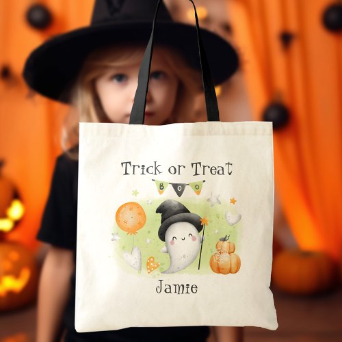 Cute Little Boo Green Trick or Treat Halloween Tote Bag