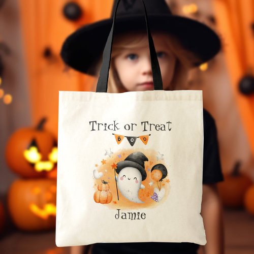 Cute Little Boo Orange Trick or Treat Halloween Tote Bag