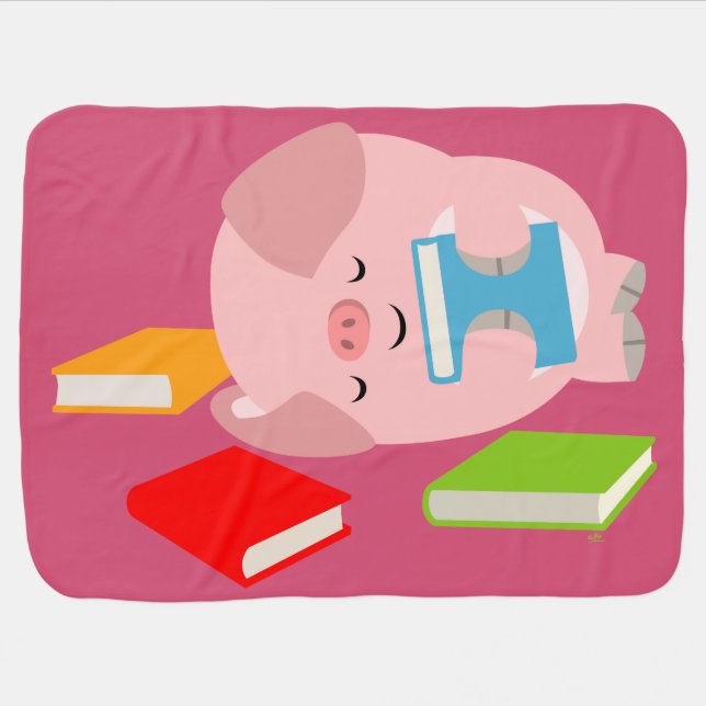 Cute Little Book Lover (Cartoon Pig) Baby Blanket (Horizontal)
