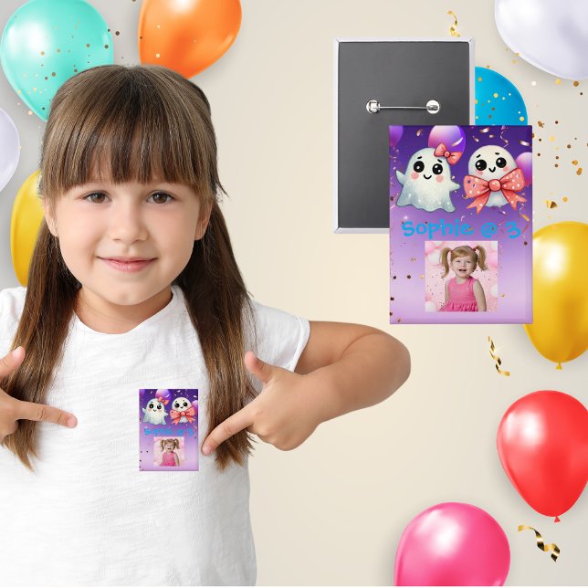Cute Little Bow Ghost Halloween Birthday Photo  Button (Creator Uploaded)