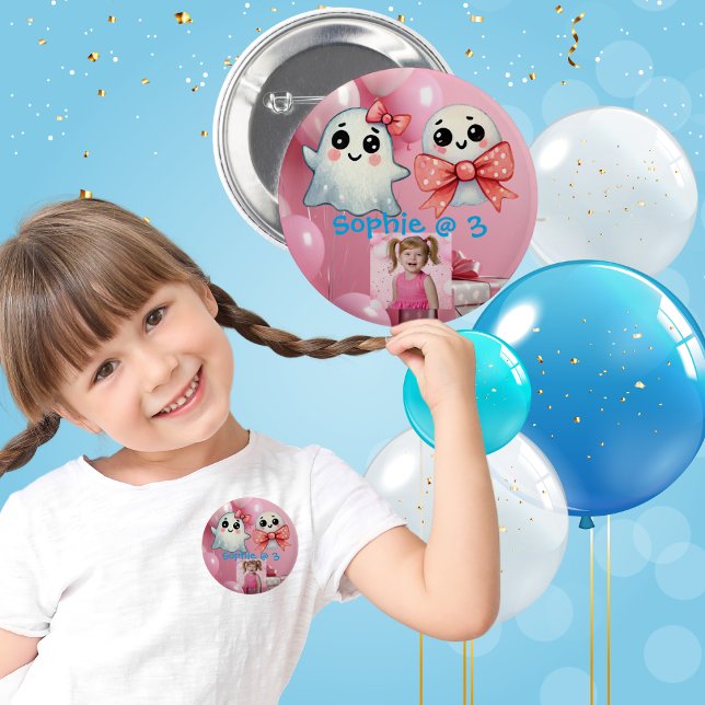 Cute Little Bow Ghost Halloween Birthday Photo  Button (Creator Uploaded)