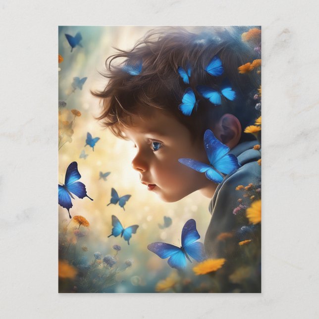 Cute little boy and a blue butterfly postcard (Front)