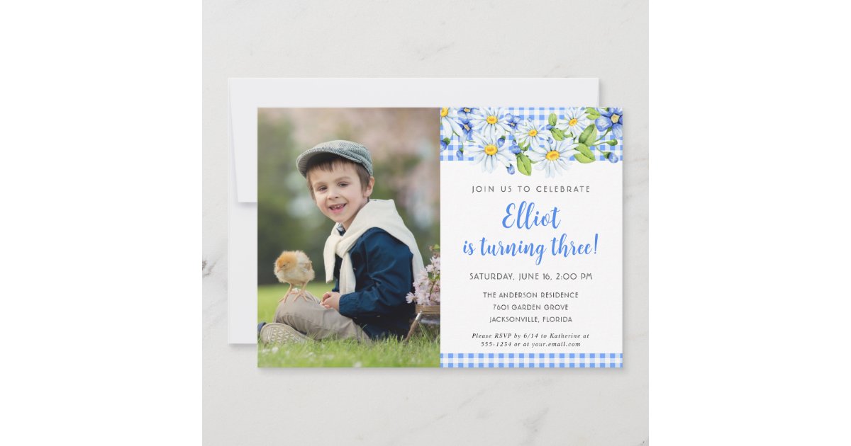 Cute Little Boy Blue Gingham Birthday Invitation Zazzle