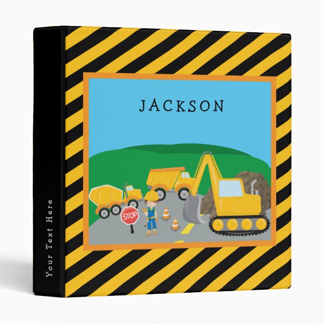 Cute Little Boy Construction Vehicle Monogrammed 3 Ring Binder (Front/Spine)