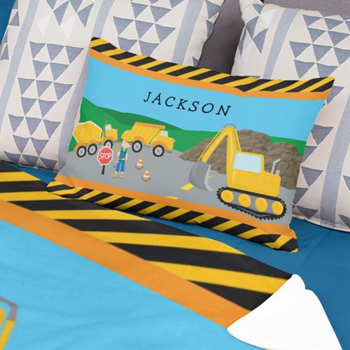 Cute Little Boy Construction Vehicle Monogrammed Accent Pillow