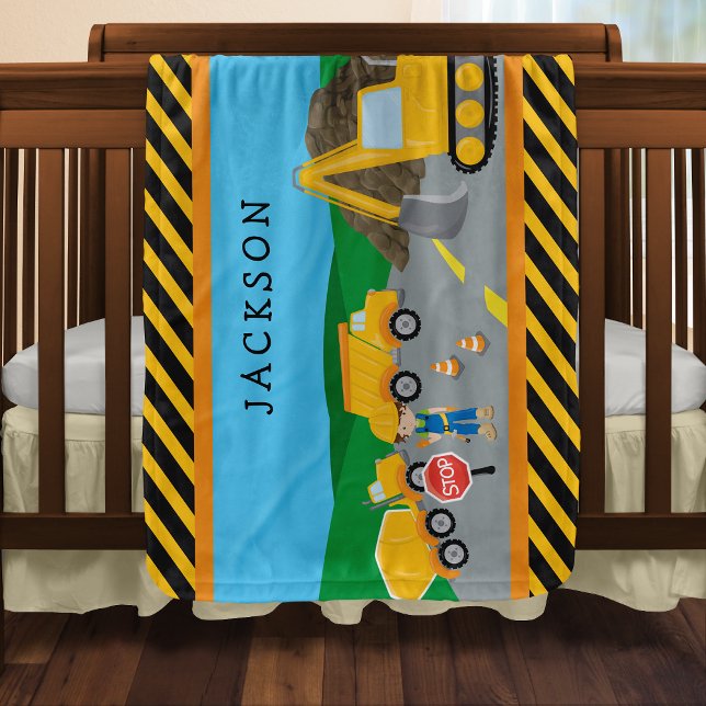 Cute Little Boy Construction Vehicle Monogrammed Baby Blanket (Creator Uploaded)