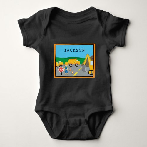 Cute Little Boy Construction Vehicle Monogrammed Baby Bodysuit