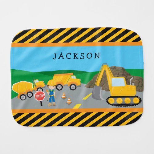 Cute Little Boy Construction Vehicle Monogrammed Baby Burp Cloth