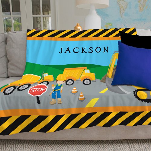 Cute Little Boy Construction Vehicle Monogrammed Fleece Blanket