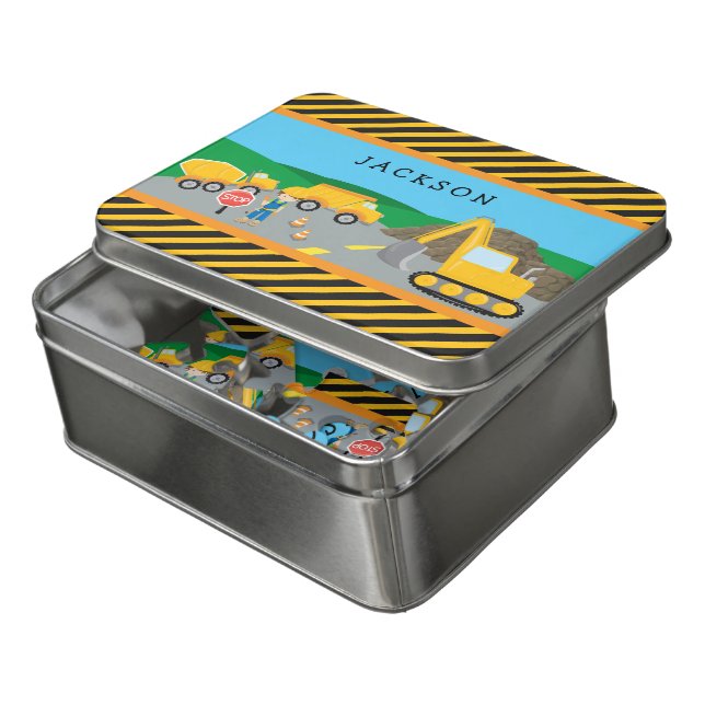 Cute Little Boy Construction Vehicle Monogrammed Jigsaw Puzzle (Lid Open)