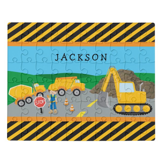 Cute Little Boy Construction Vehicle Monogrammed Jigsaw Puzzle (Puzzle Horizontal)
