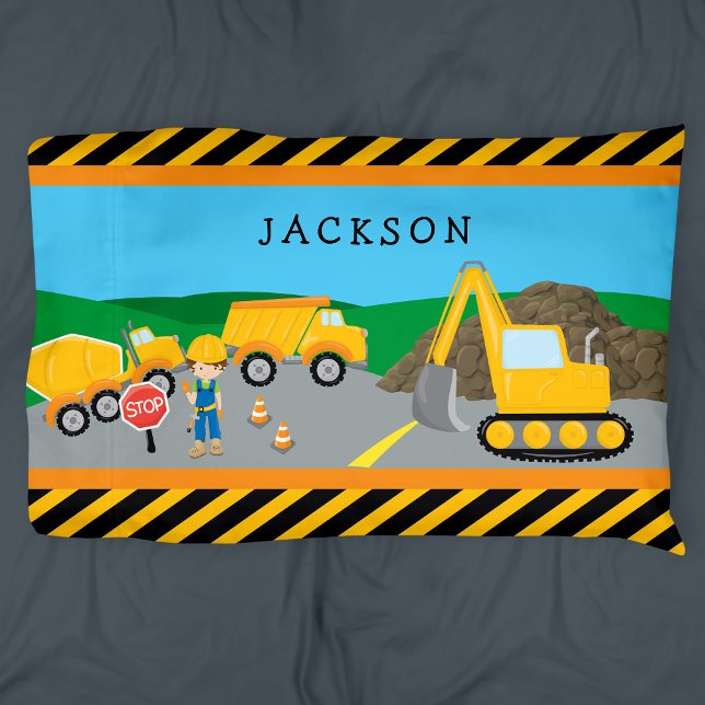 Cute Little Boy Construction Vehicle Monogrammed Pillow Case (Creator Uploaded)