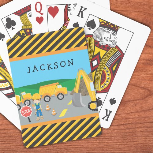 Cute Little Boy Construction Vehicle Monogrammed Poker Cards