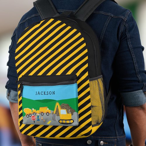 Cute Little Boy Construction Vehicle Monogrammed Printed Backpack