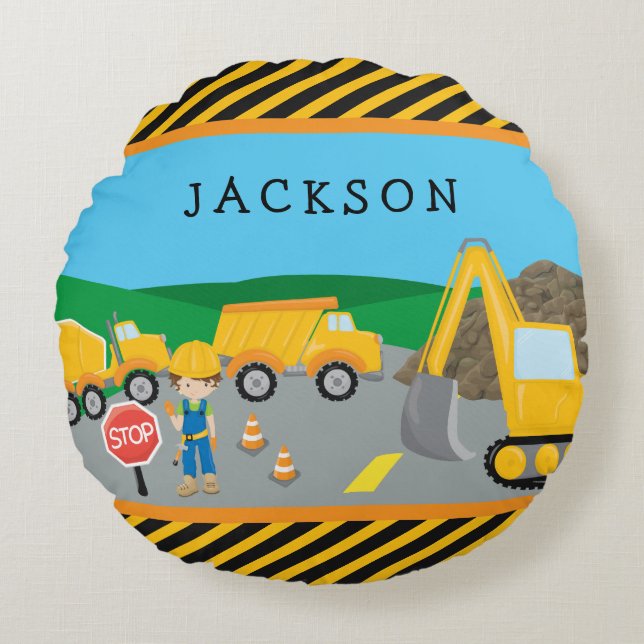 Cute Little Boy Construction Vehicle Monogrammed Round Pillow (Front)