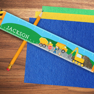 Cute Little Boy Construction Vehicle Monogrammed Ruler