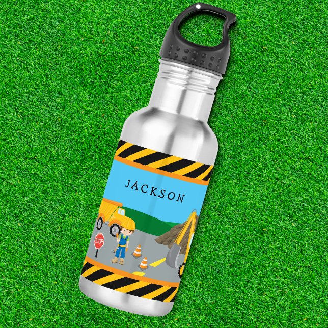 Cute Little Boy Construction Vehicle Monogrammed Stainless Steel Water Bottle (Creator Uploaded)