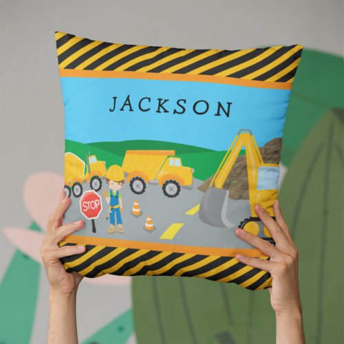 Cute Little Boy Construction Vehicle Monogrammed Throw Pillow