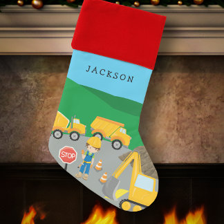 Cute Little Boy Construction Vehicle with Name Kid Christmas Stocking