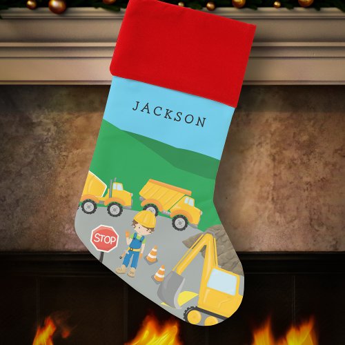 Cute Little Boy Construction Vehicle with Name Kid Christmas Stocking