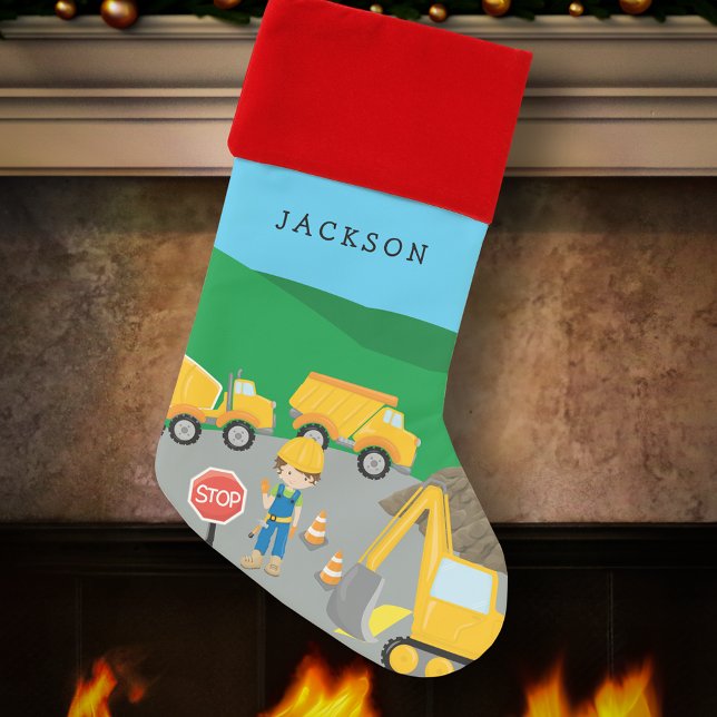 Cute Little Boy Construction Vehicle with Name Kid Christmas Stocking (Creator Uploaded)