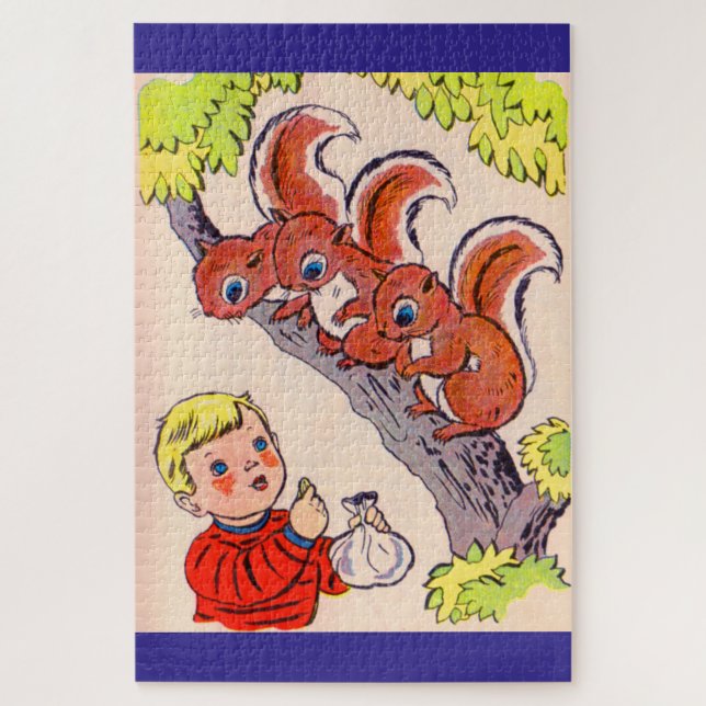 cute little boy feeds cute little squirrels jigsaw puzzle (Vertical)