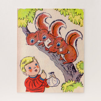 cute little boy feeds cute little squirrels jigsaw puzzle