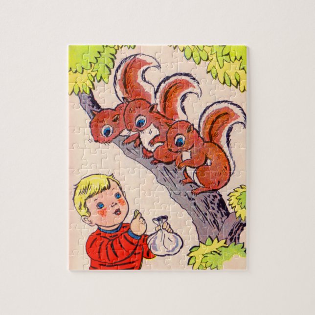 cute little boy feeds cute little squirrels jigsaw puzzle (Vertical)