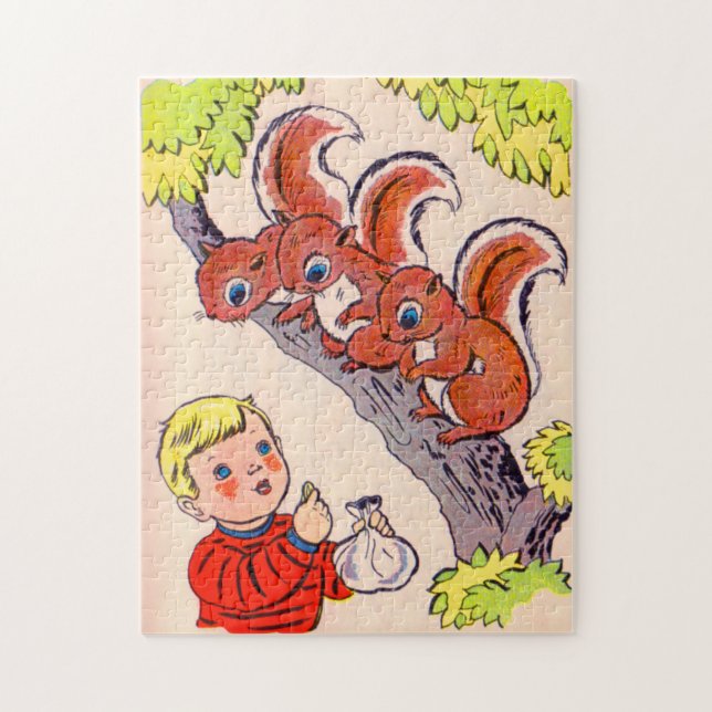 cute little boy feeds cute little squirrels jigsaw puzzle (Vertical)