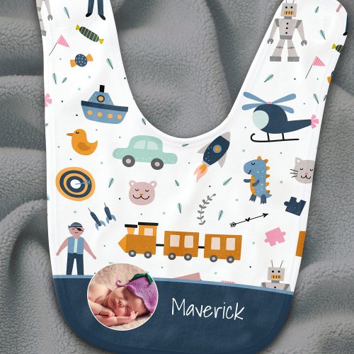 Cute Little Boy Pattern with Photo and Name Blue Baby Bib