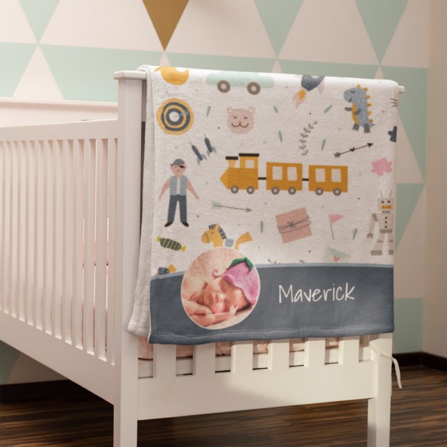 Cute Little Boy Pattern with Photo and Name Blue Baby Blanket (Creator Uploaded)