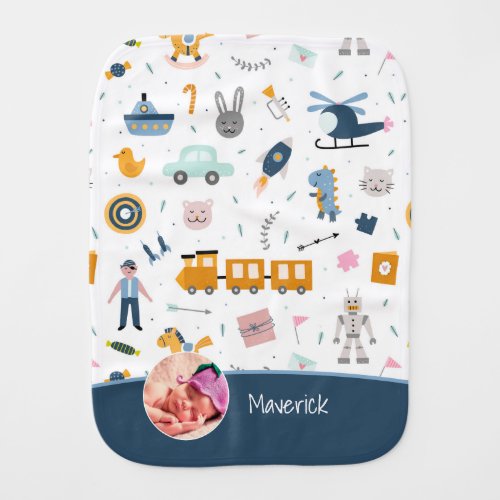Cute Little Boy Pattern with Photo and Name Blue Baby Burp Cloth