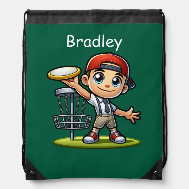 Cute Little Boy Playing Disc Golf Personalized Drawstring Bag (Front)