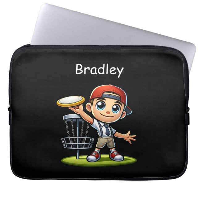 Cute Little Boy Playing Disc Golf Personalized Laptop Sleeve (Front)