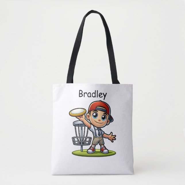 Cute Little Boy Playing Disc Golf Personalized Tote Bag (Front)