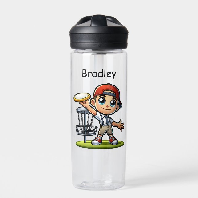 Cute Little Boy Playing Disc Golf Personalized Water Bottle (Front)
