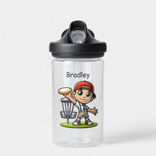 Cute Little Boy Playing Disc Golf Personalized Water Bottle (Front)