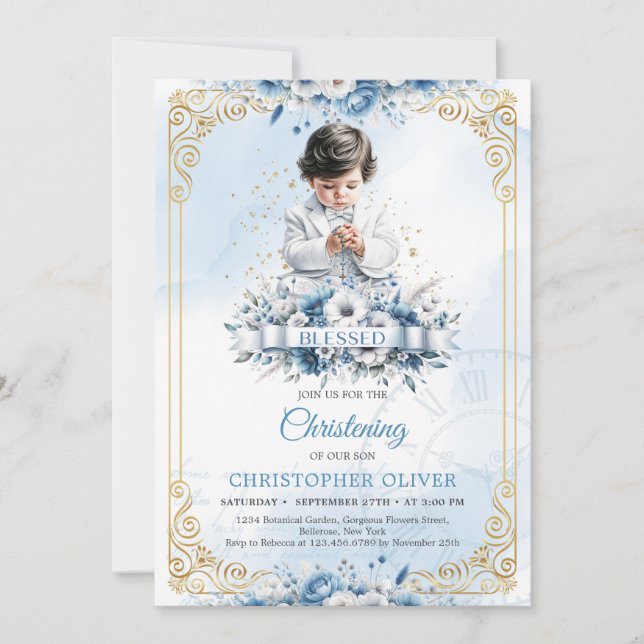 Cute little boy with jewelry white clothes blessed invitation (Front)