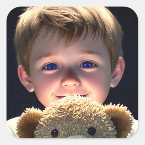 Cute Little Boy with Teddy Bear Square Sticker