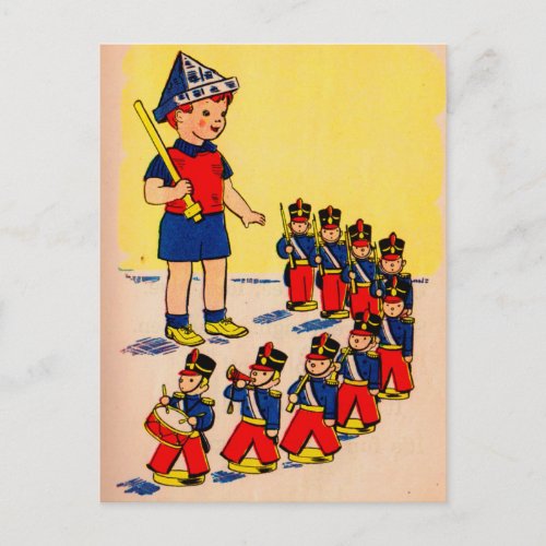 cute little boy with toy soldiers postcard