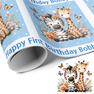 Cute Little Boy's Birthday Add Name Zoo Animals Wrapping Paper